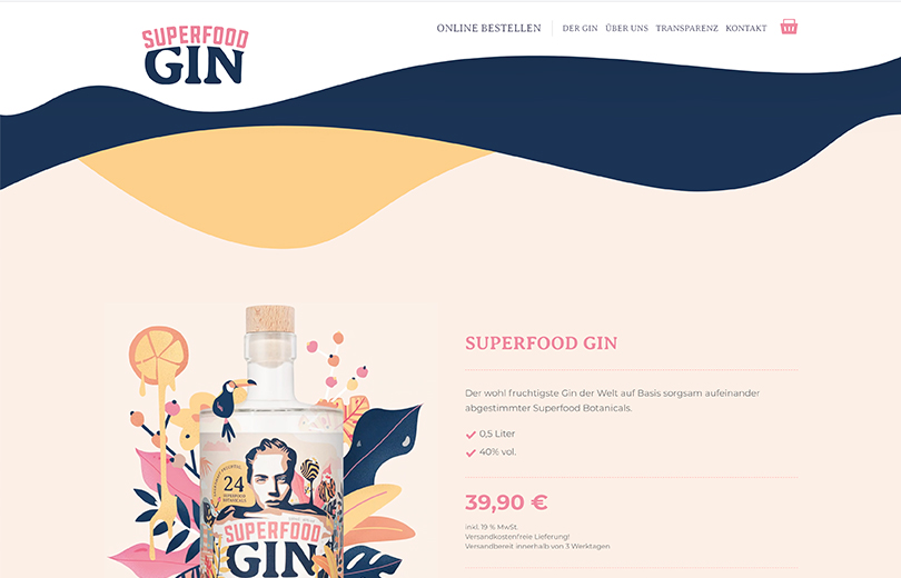 Superfood Gin - Website mit Illustrationen